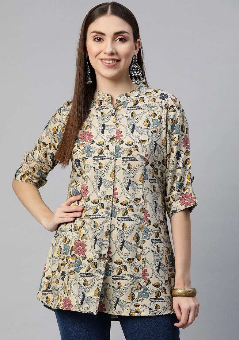 Beige Floral Print Cotton Kurta - Indya