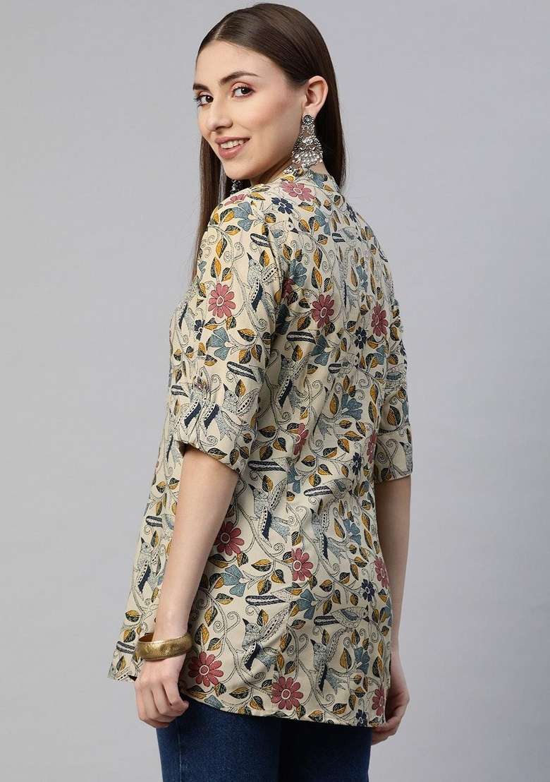 Beige Floral Print Cotton Kurta - Indya