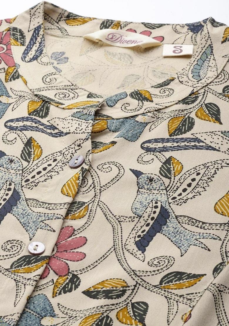 Beige Floral Cotton Top - Indya