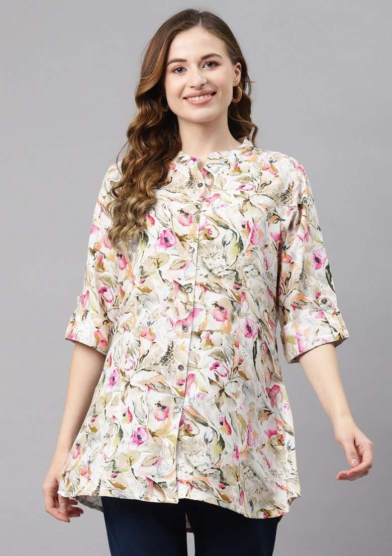 Multicolor Floral Print Cotton Kurta - Indya