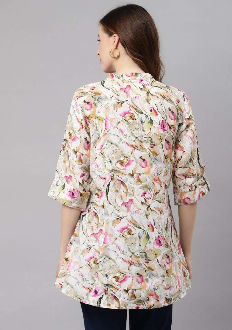 Multicolor Floral Print Cotton Kurta - Indya