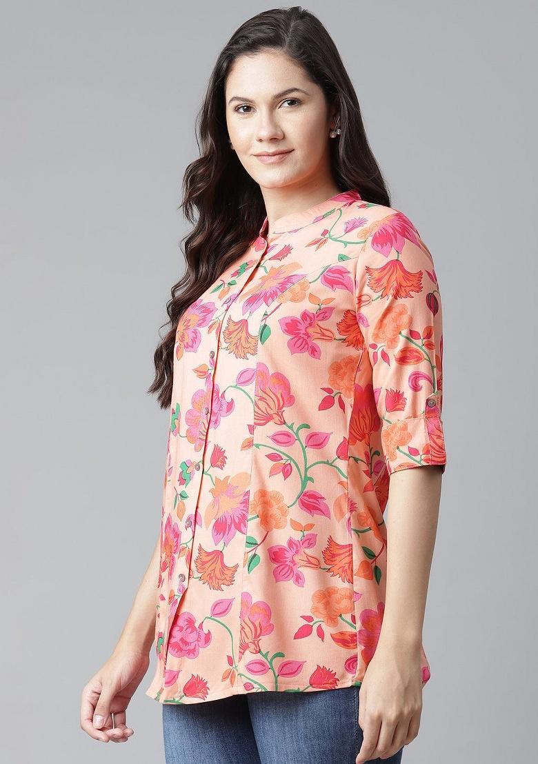 Peach Floral Cotton Top - Indya
