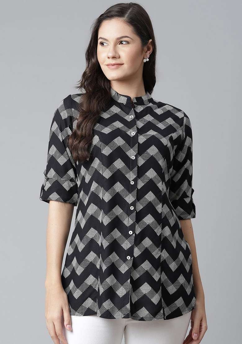 Black Printed Cotton Kurta - Indya