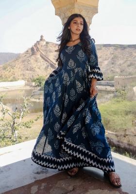 Blue Printed Cotton Kurta Set