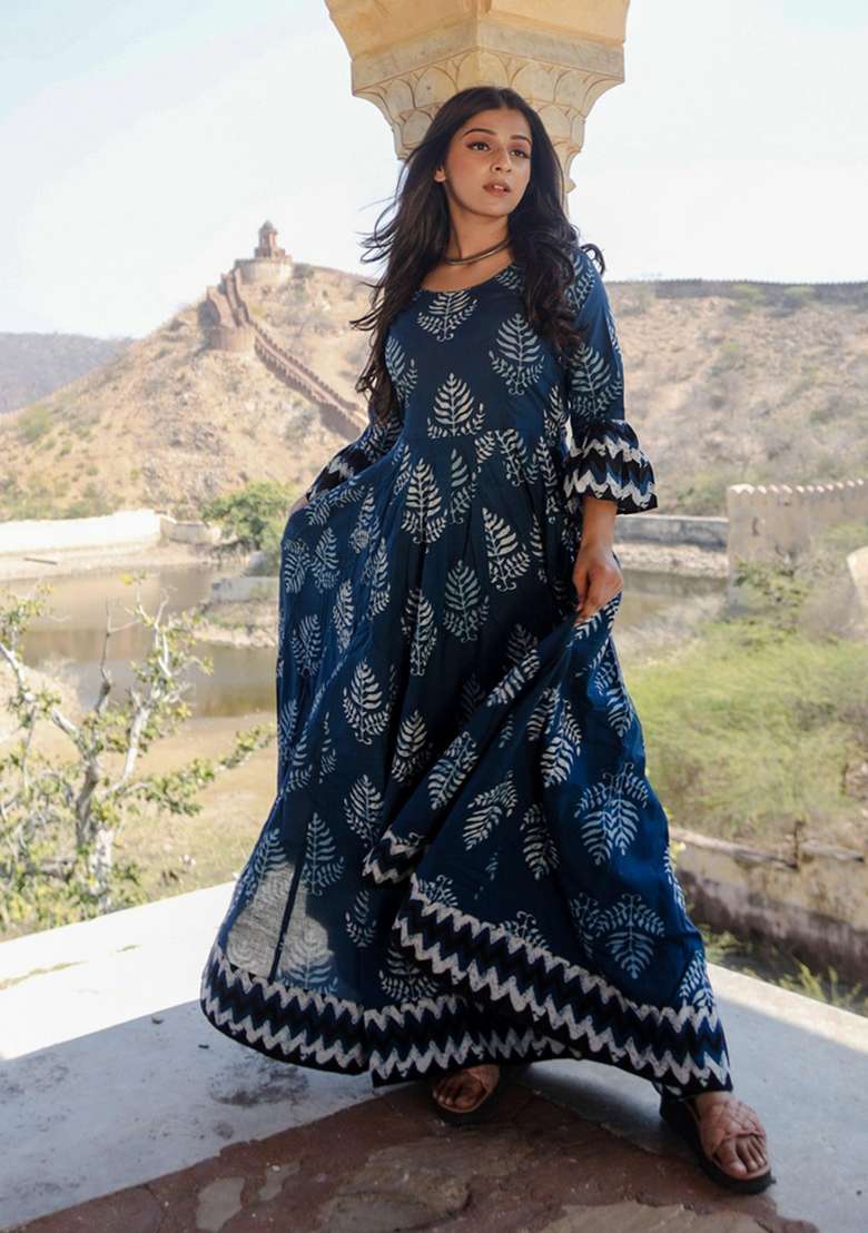 Blue Printed Cotton Anarkali Set - Indya