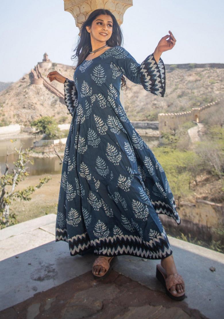 Blue Printed Cotton Anarkali Set - Indya