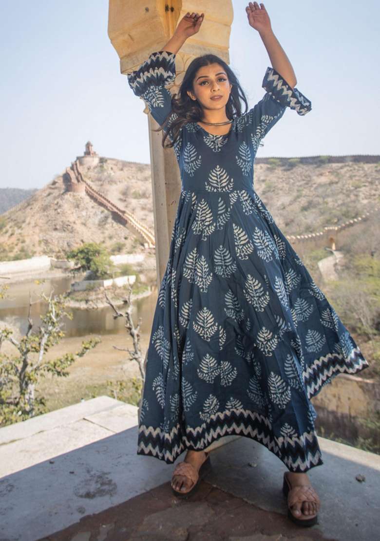 Blue Printed Cotton Anarkali Set - Indya