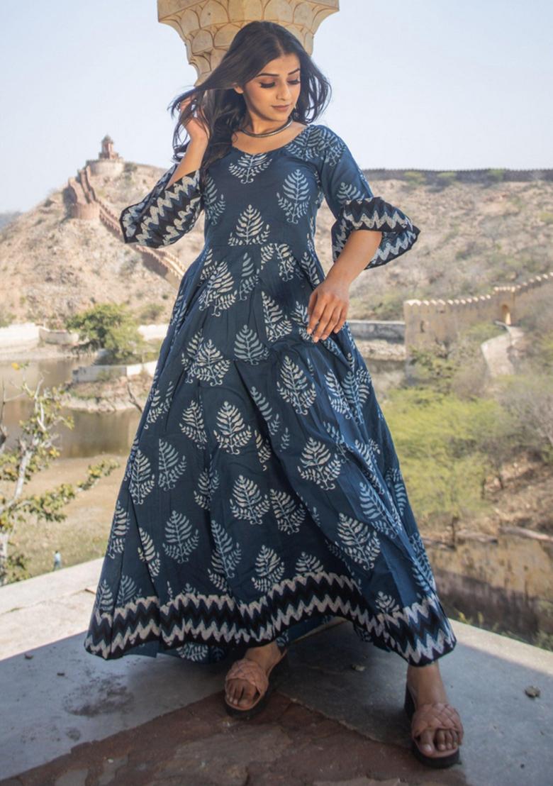 Blue Printed Cotton Anarkali Set - Indya