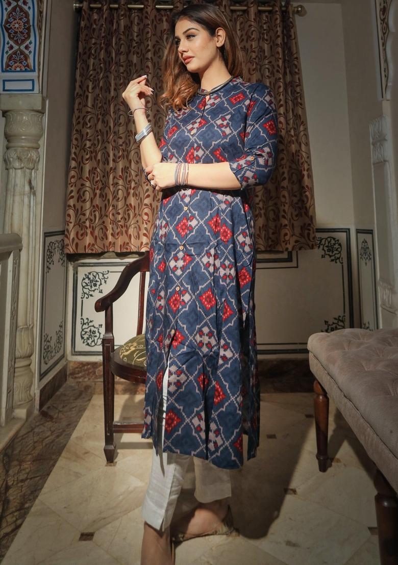 Blue Floral Cotton Kurta Set - Indya