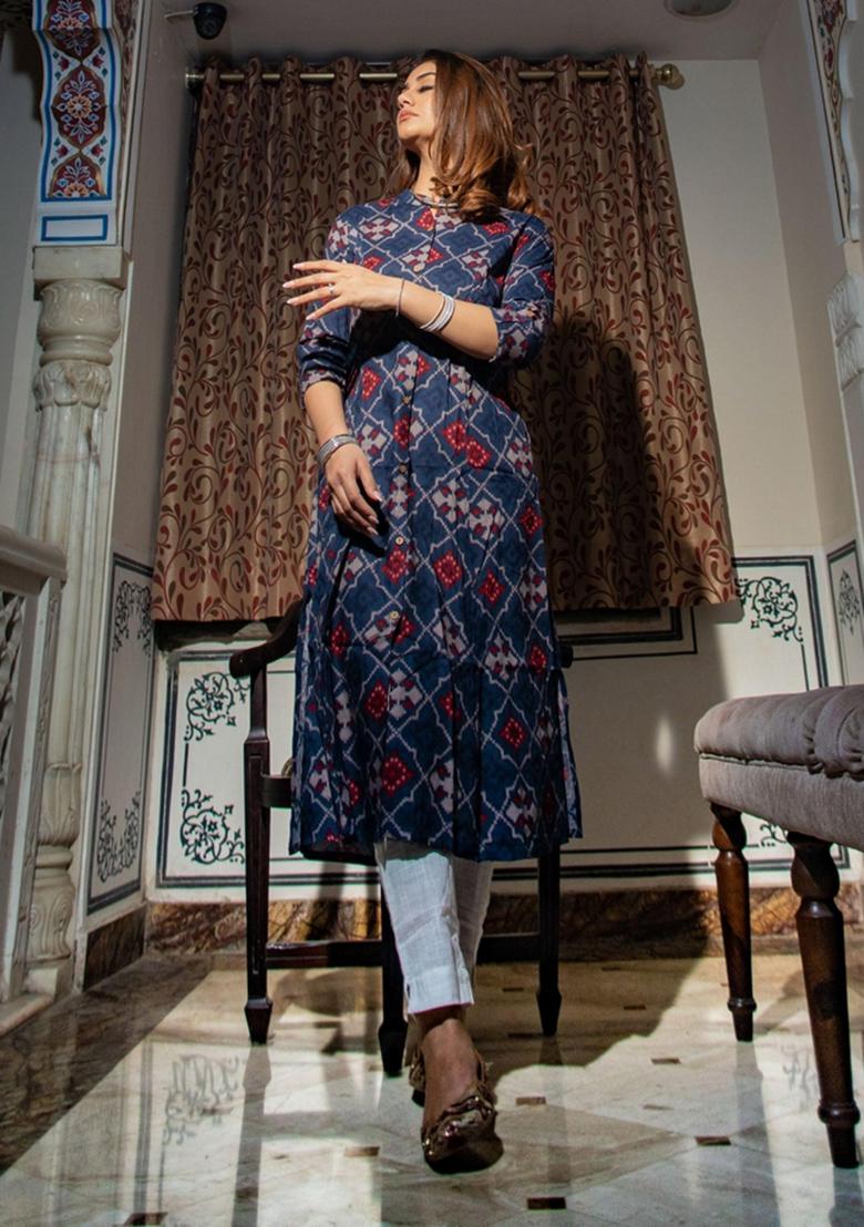 Blue Floral Cotton Kurta Set - Indya