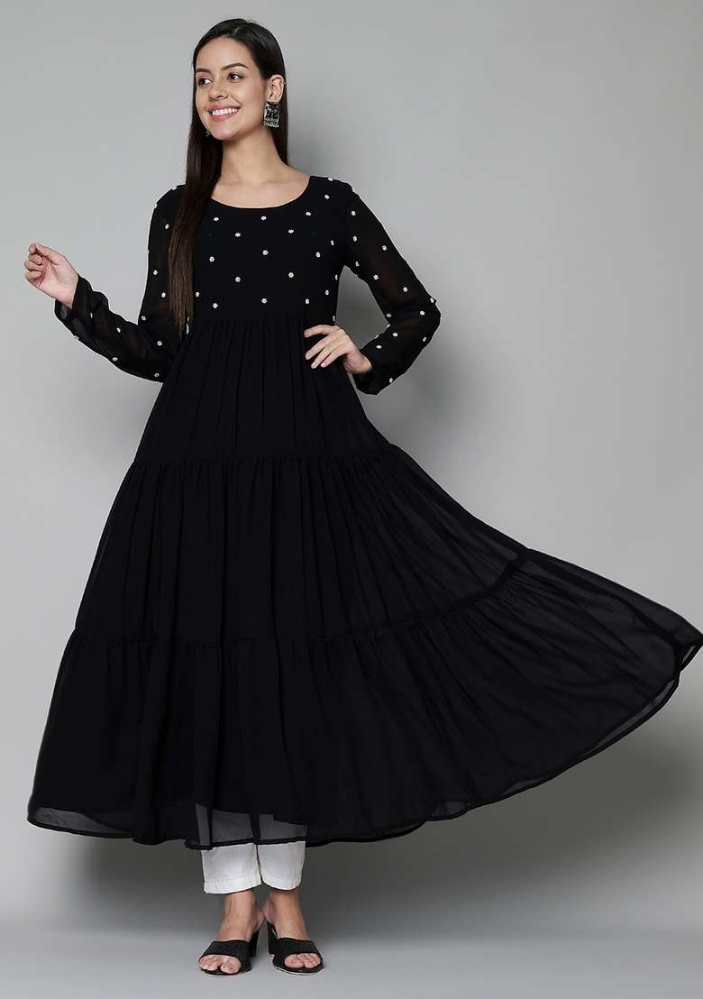 Black Embroidered Cotton Anarkali - Indya