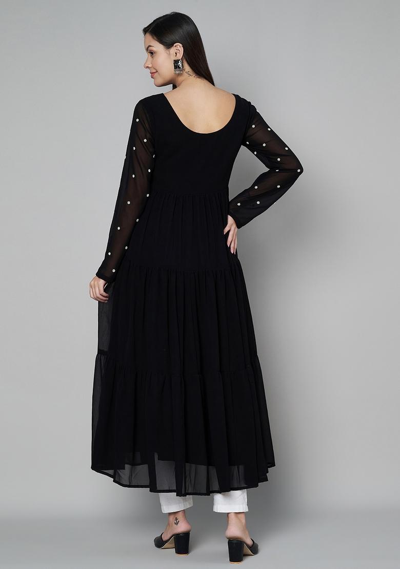 Black Embroidery Cotton Anarkali - Indya