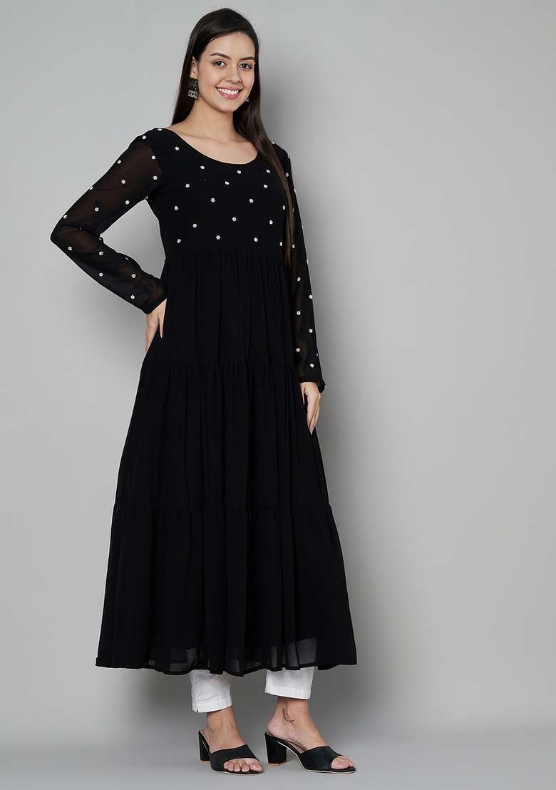 Black Embroidered Cotton Anarkali - Indya