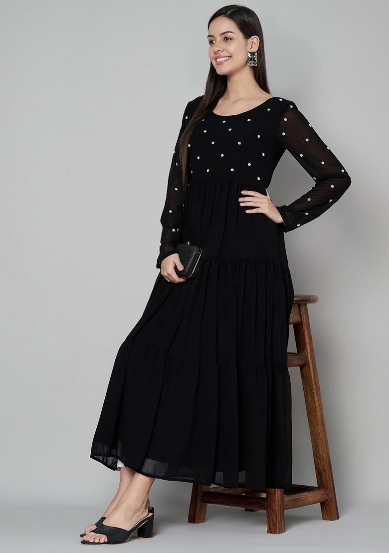 Black Embroidery Cotton Anarkali - Indya