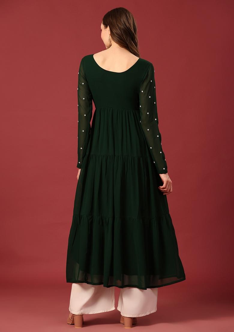 Dark Green Embroidery Cotton Anarkali - Indya