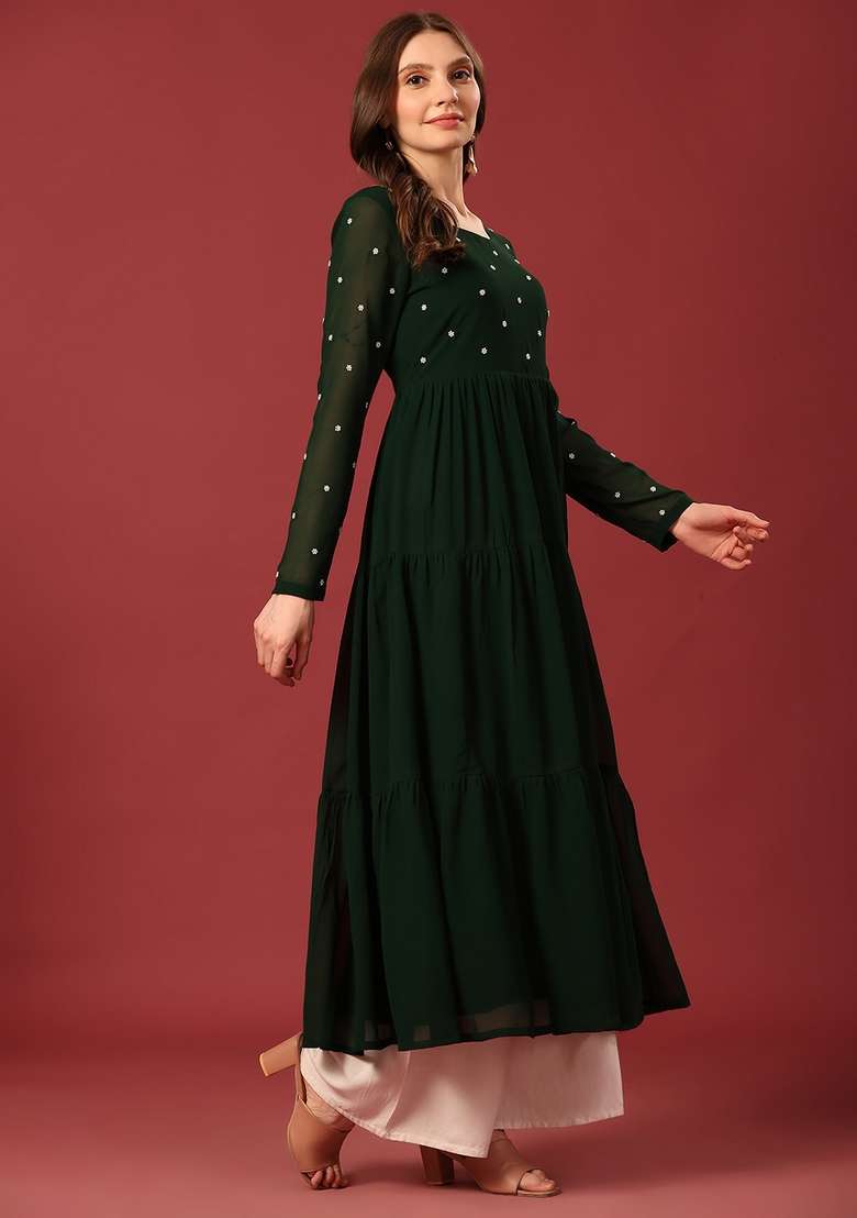 Dark Green Embellished Cotton Kurta - Indya