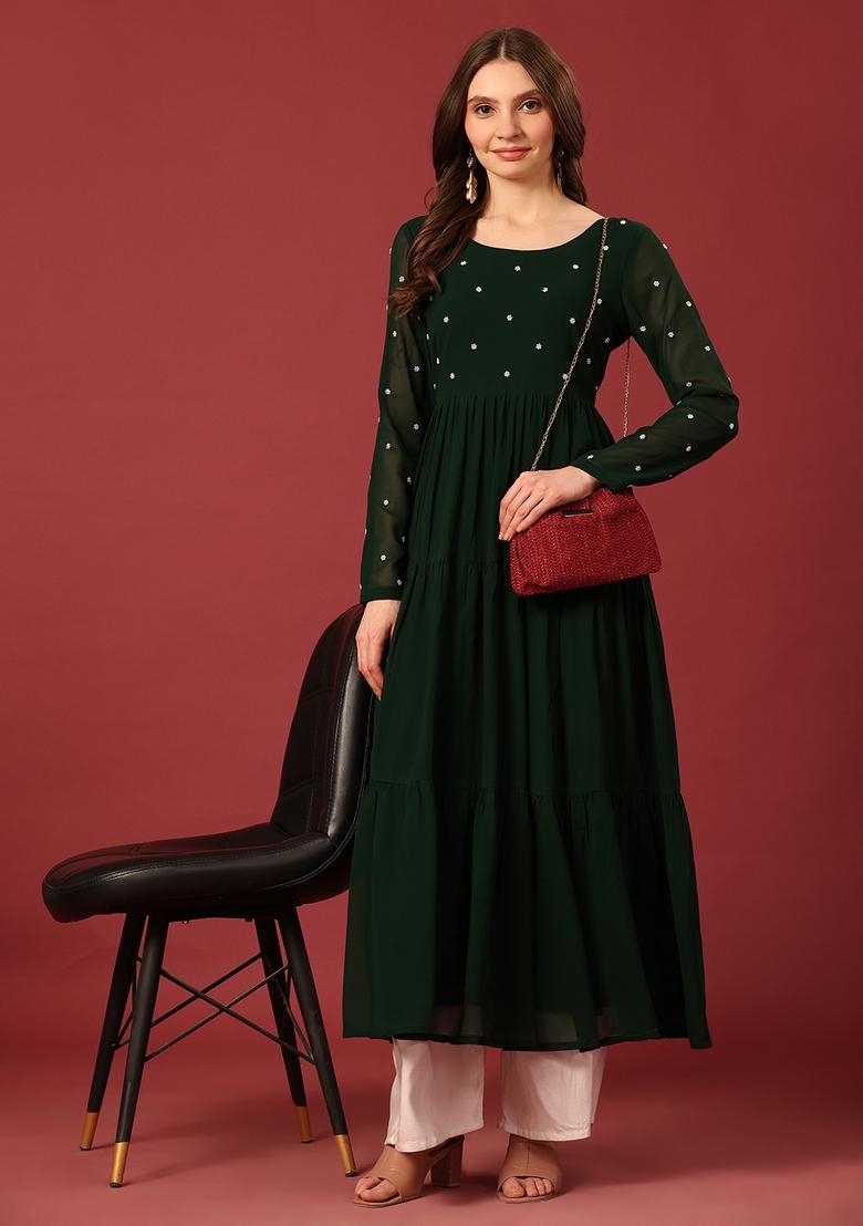 Dark Green Embroidery Cotton Anarkali - Indya