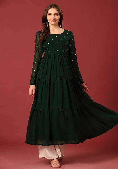 Dark Green Embroidery Cotton Kurta