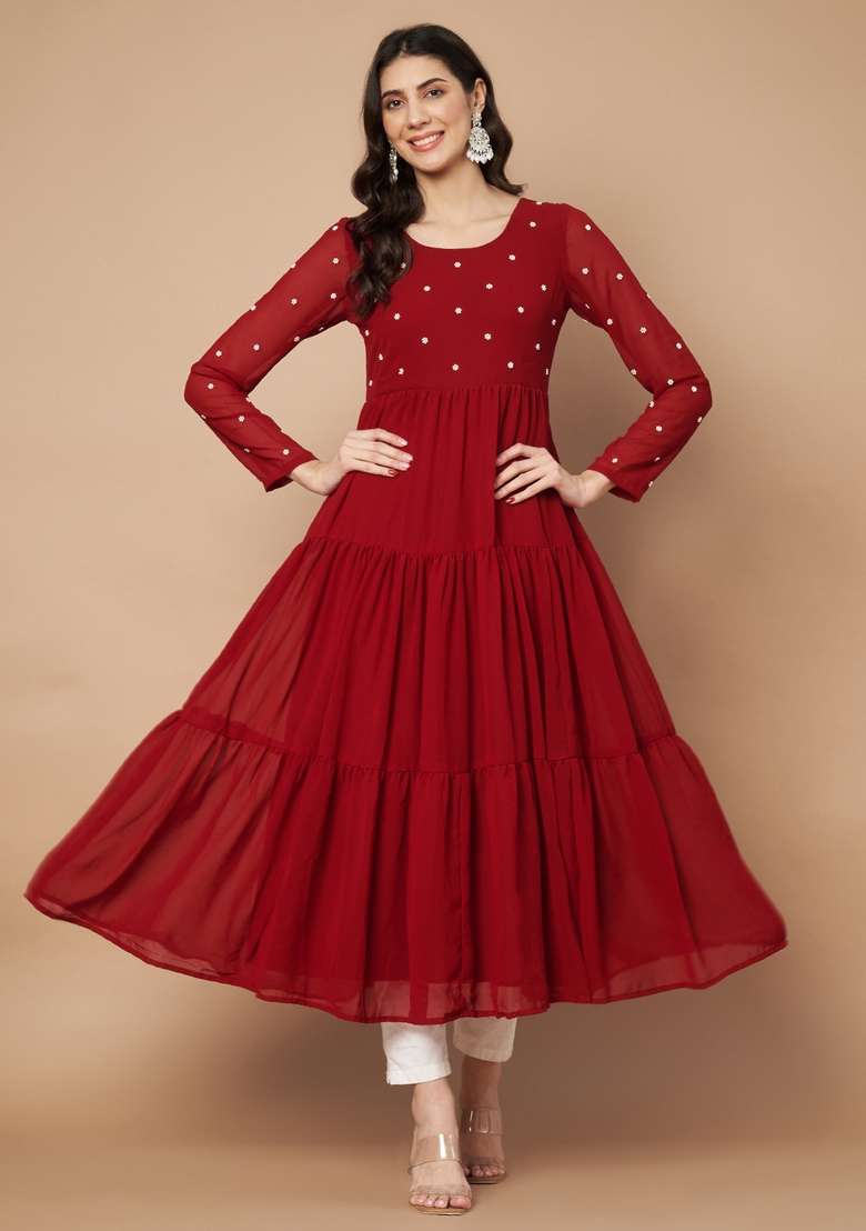Maroon Embellished Cotton Kurta - Indya