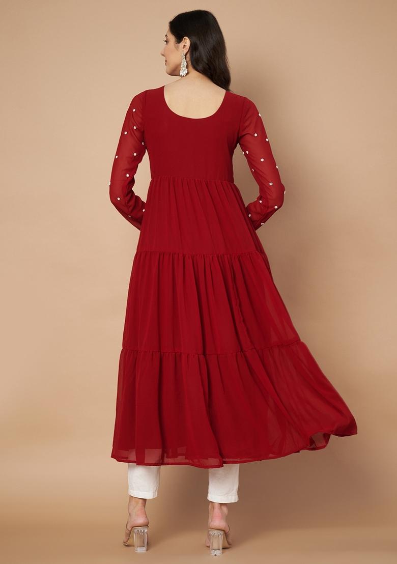 Maroon Embroidery Cotton Anarkali - Indya