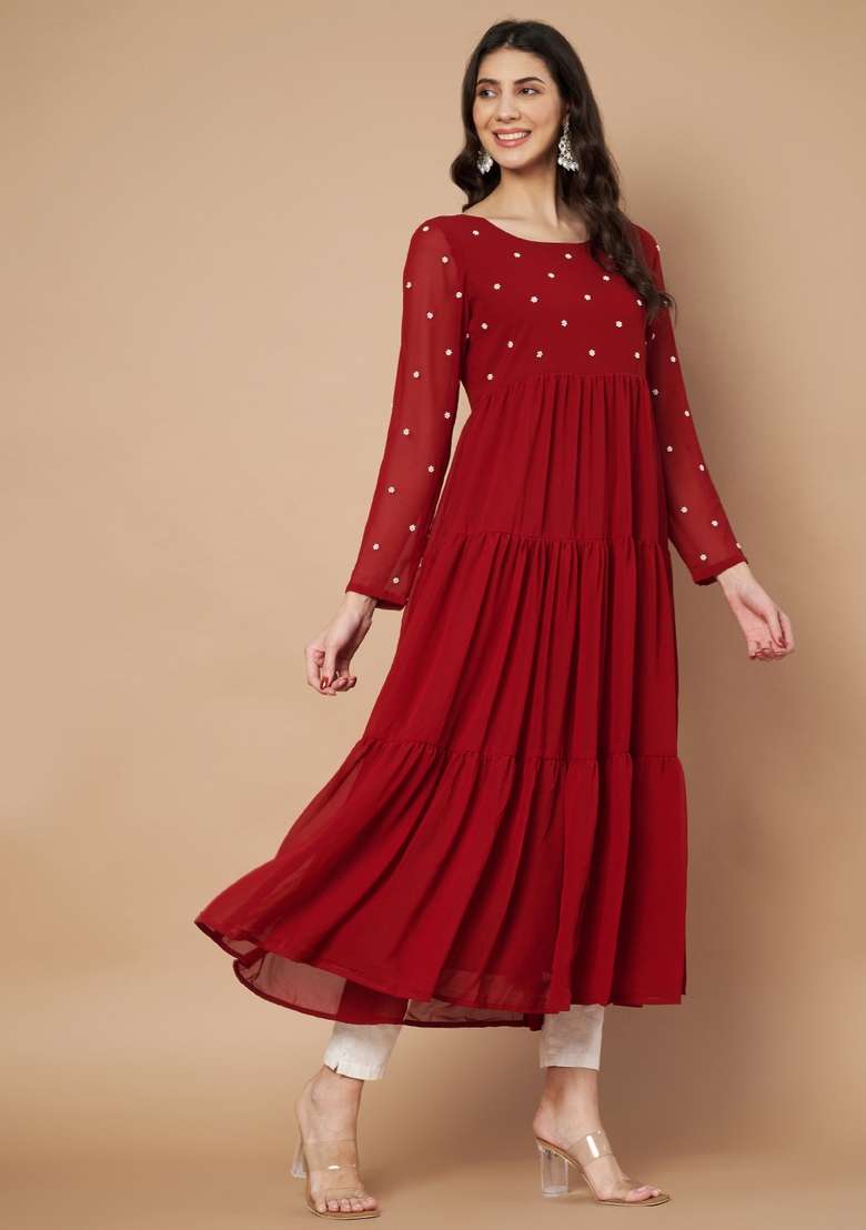 Maroon Embellished Cotton Kurta - Indya