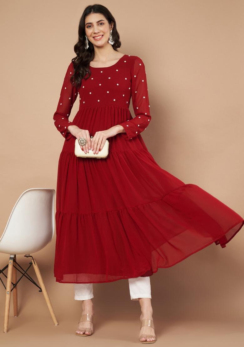 Maroon Embroidery Cotton Anarkali - Indya