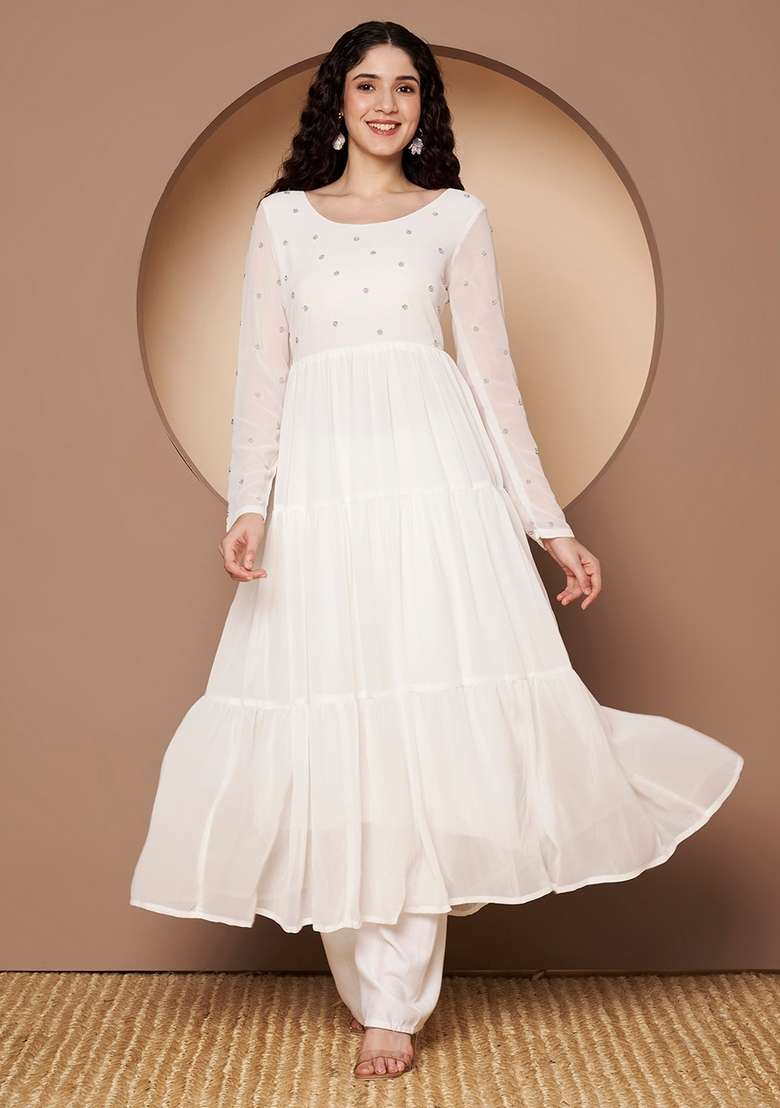 White Embroidered Cotton Anarkali - Indya