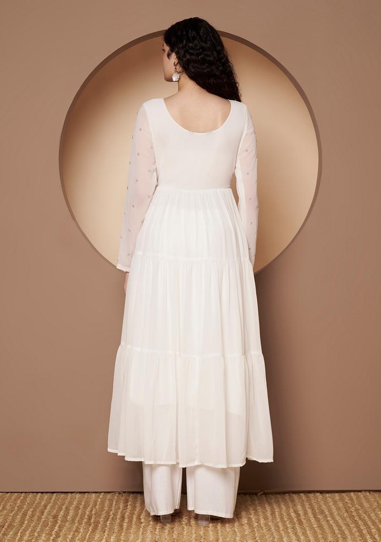 White Embroidery Cotton Anarkali - Indya