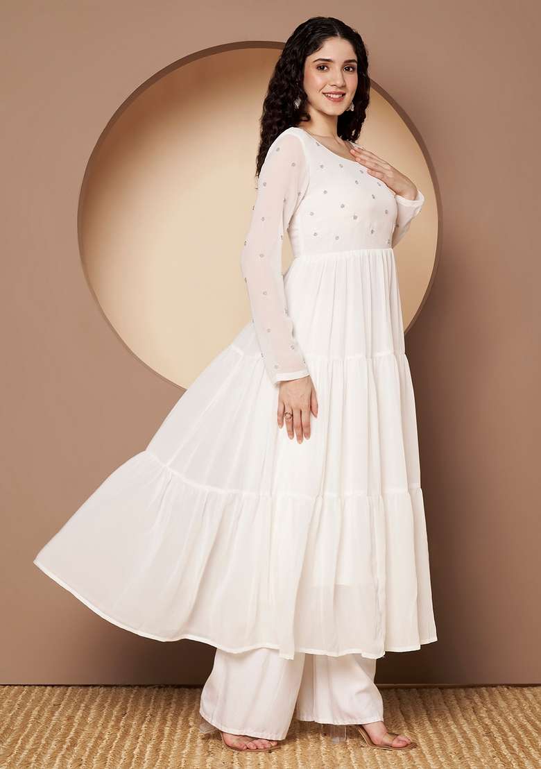 White Embroidered Cotton Anarkali - Indya