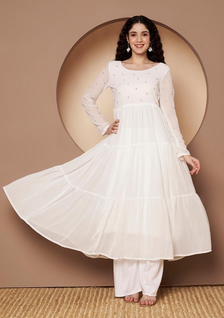 White Embroidery Cotton Anarkali - Indya