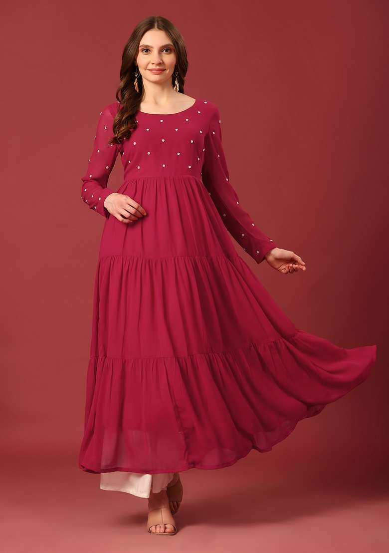 Dark Pink Embellished Cotton Anarkali - Indya