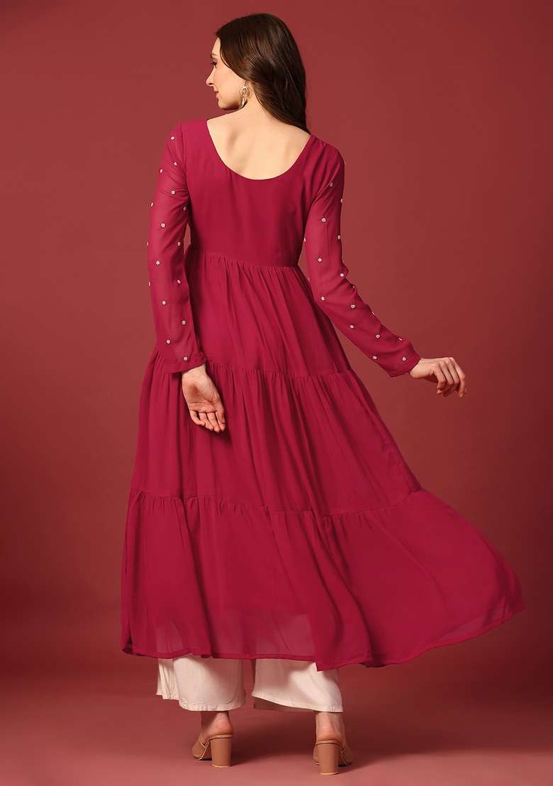 Dark Pink Embellished Cotton Anarkali - Indya