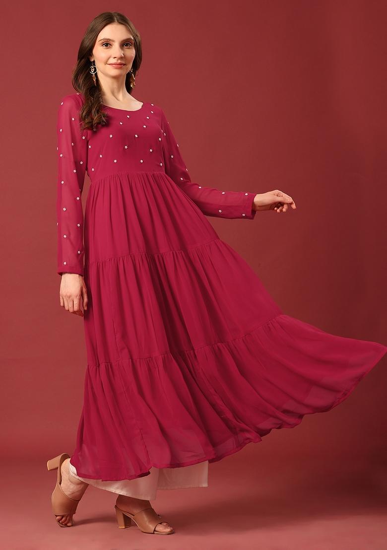 Dark Pink Embroidery Cotton Anarkali - Indya