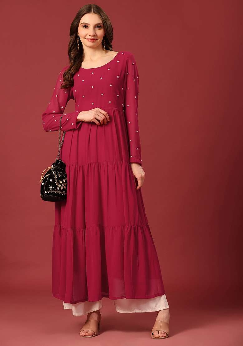 Dark Pink Embellished Cotton Anarkali - Indya