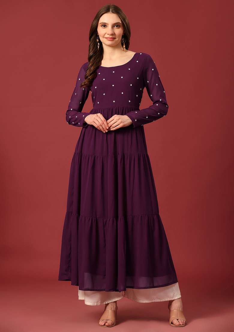 Purple Embroidered Cotton Anarkali - Indya