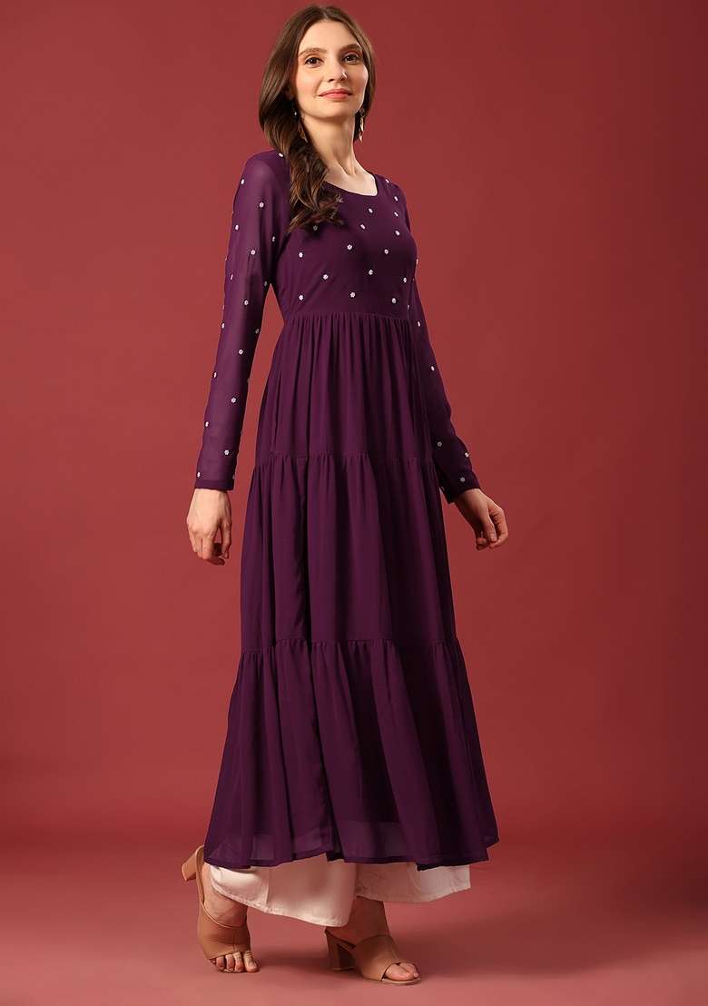 Purple Embroidered Cotton Anarkali - Indya