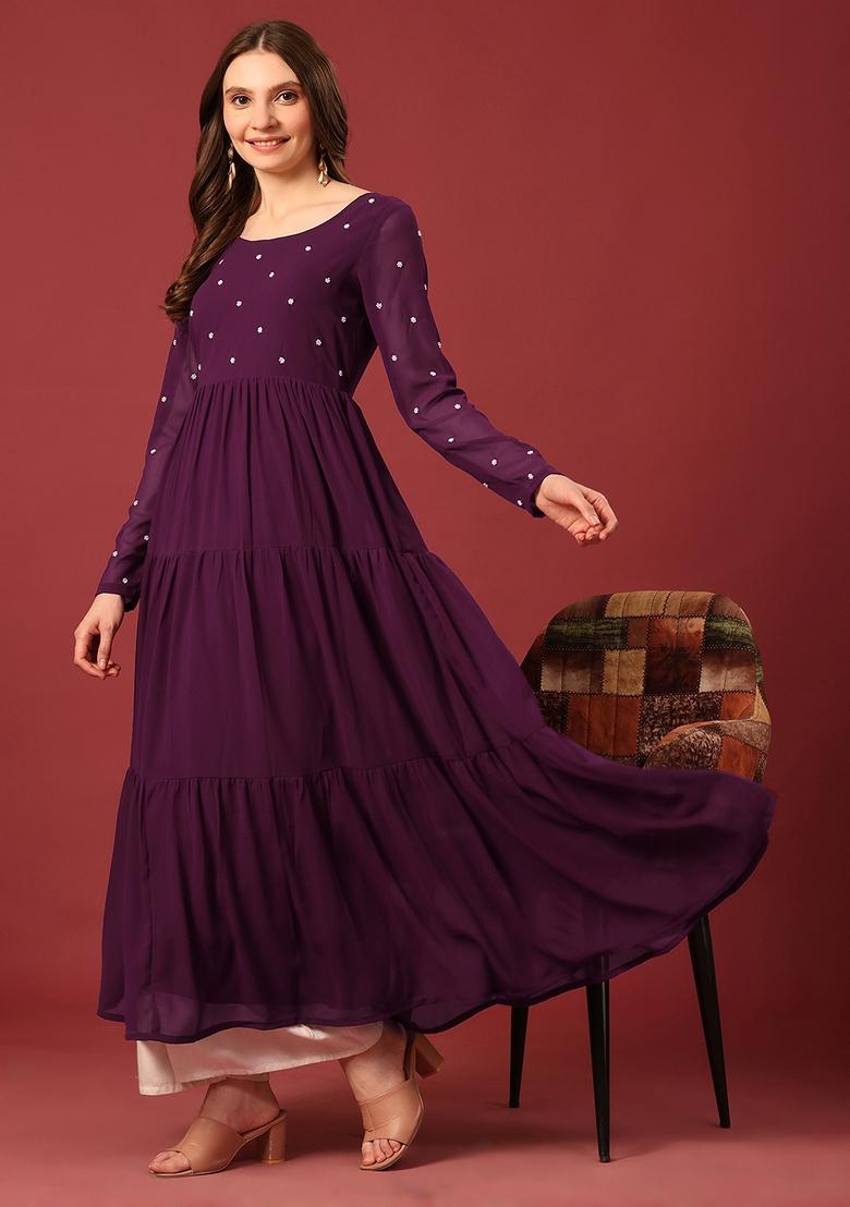 Purple Embroidery Cotton Anarkali - Indya
