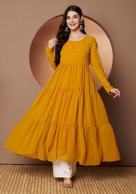 Yellow Embroidery Cotton Anarkali