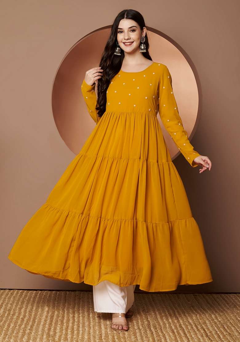 Yellow Embroidered Cotton Kurta - Indya