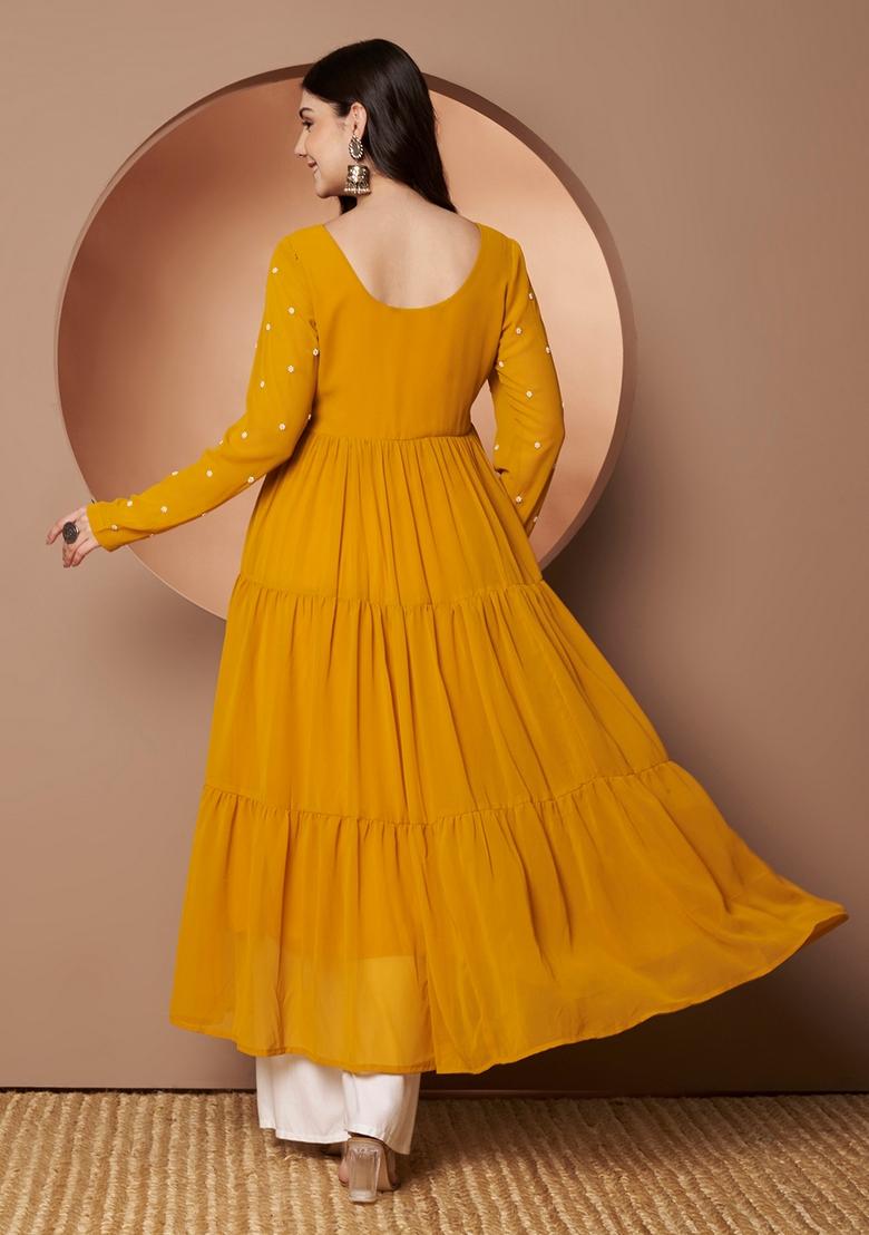 Yellow Embroidery Cotton Anarkali - Indya