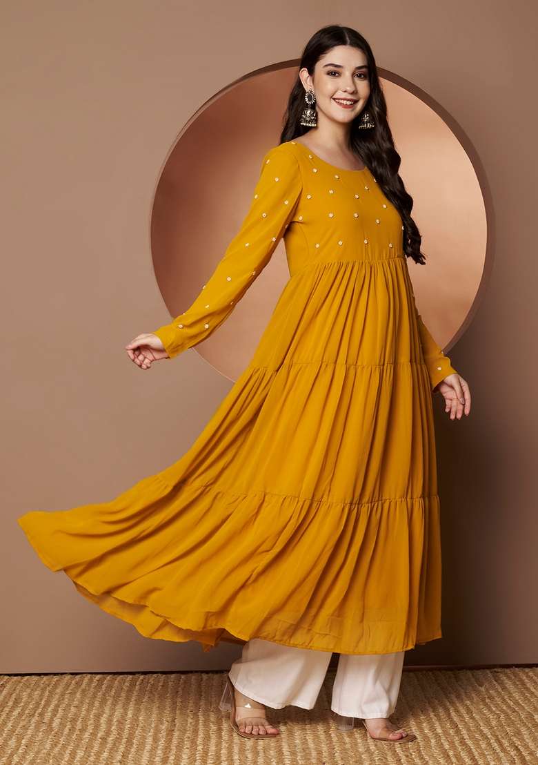 Yellow Embroidered Cotton Kurta - Indya