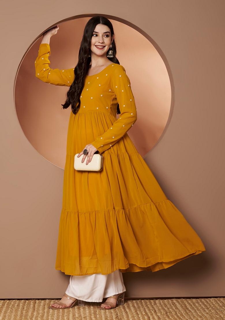Yellow Embroidery Cotton Anarkali - Indya