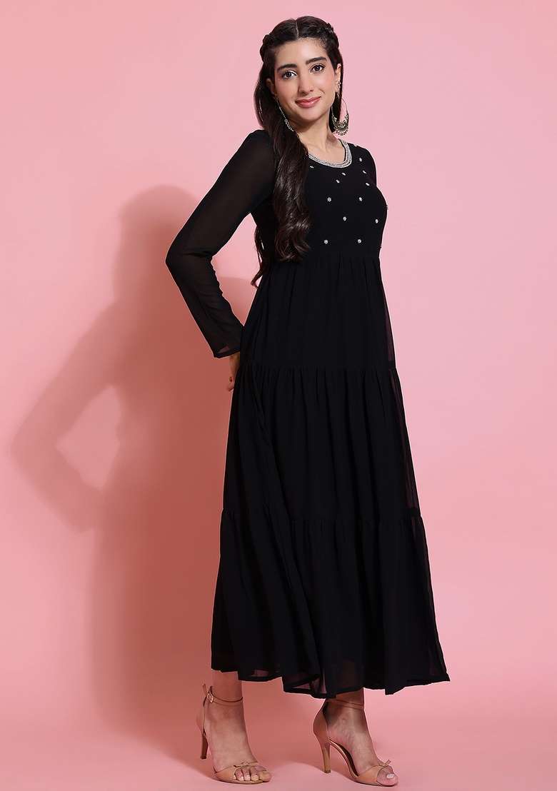 Black Embellished Cotton Kurta - Indya
