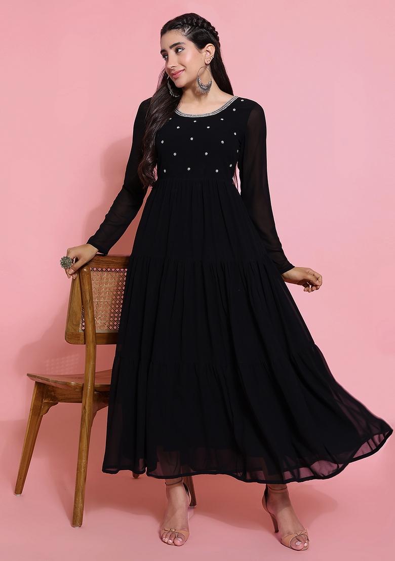 Black Embroidery Cotton Anarkali - Indya