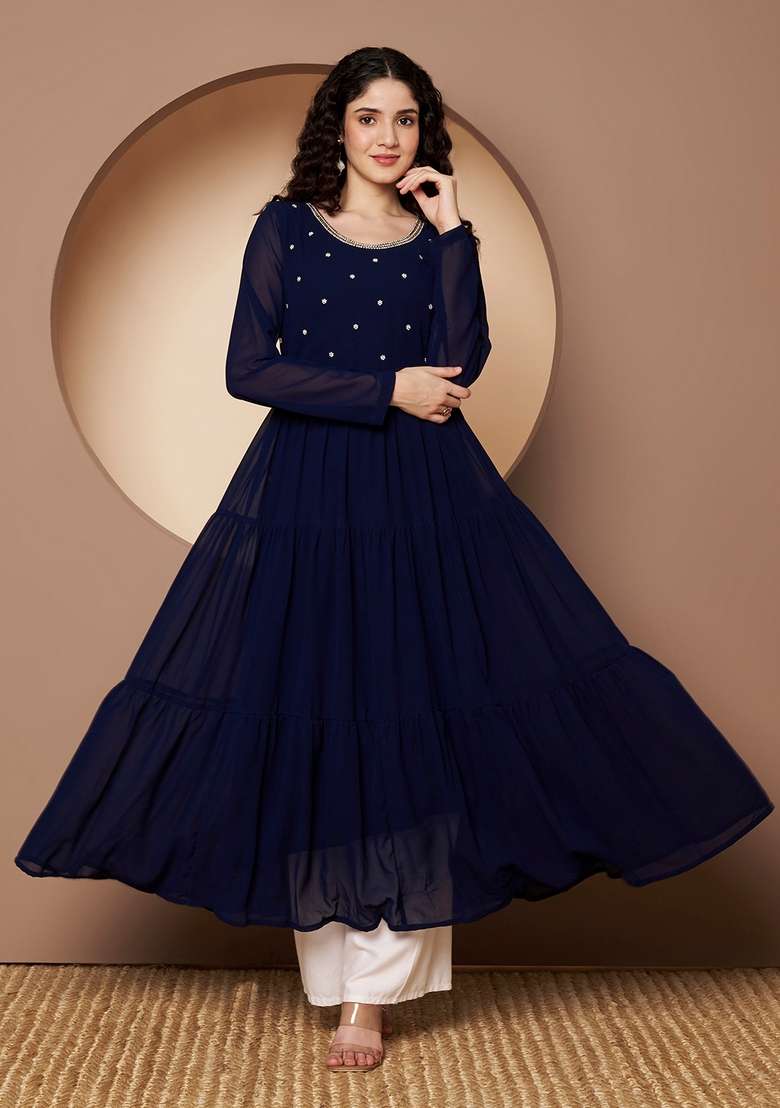 Blue Embroidered Cotton Anarkali - Indya