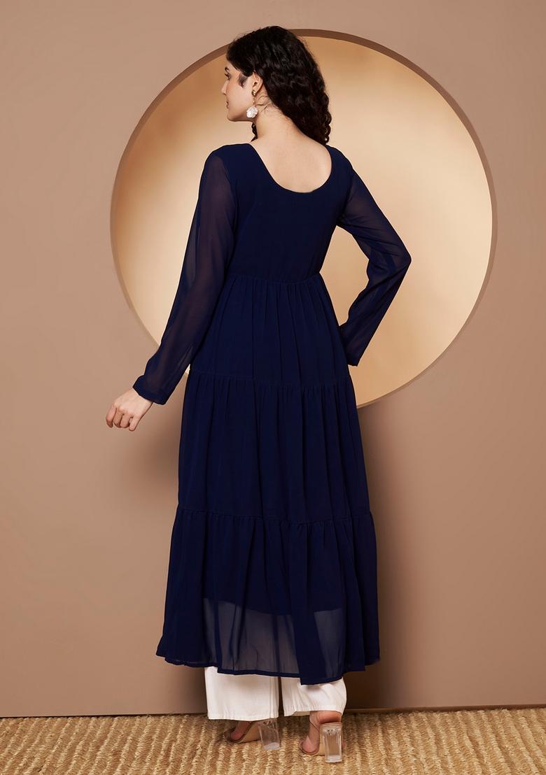 Blue Embroidery Cotton Anarkali - Indya