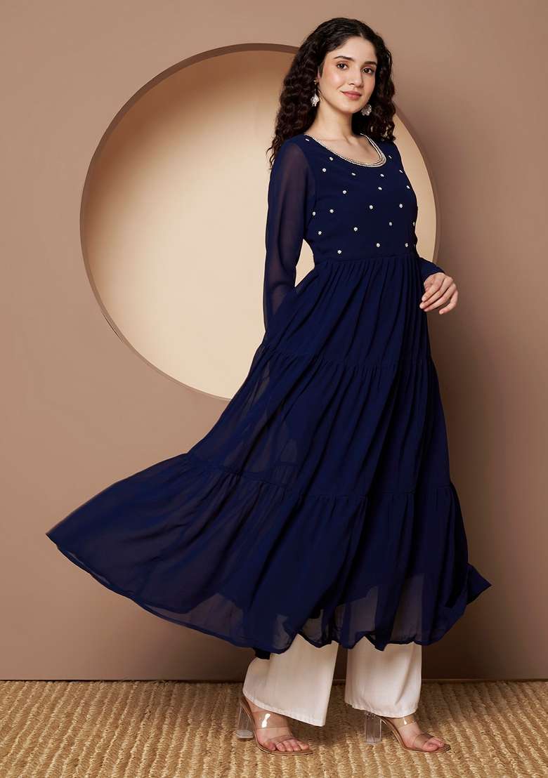 Blue Embroidered Cotton Anarkali - Indya