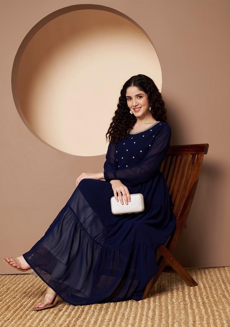Blue Embroidery Cotton Anarkali - Indya