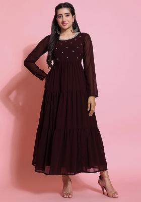 Brown Embroidery Cotton Anarkali