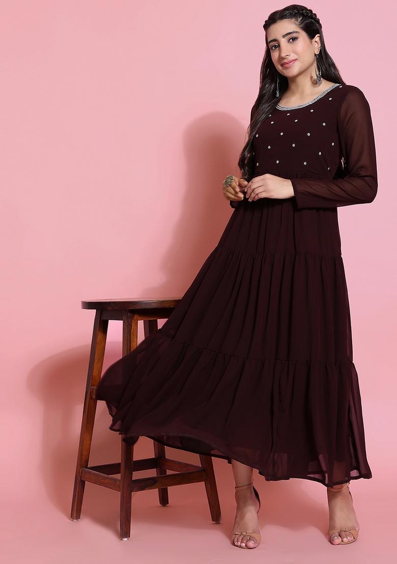 Brown Embroidery Cotton Anarkali - Indya